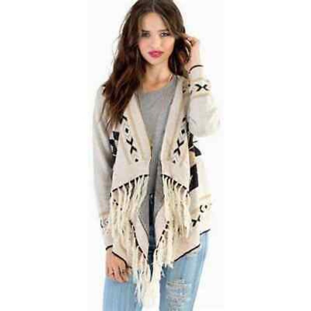 Tobi Southwestern Aztec Fringed Cardigan OS